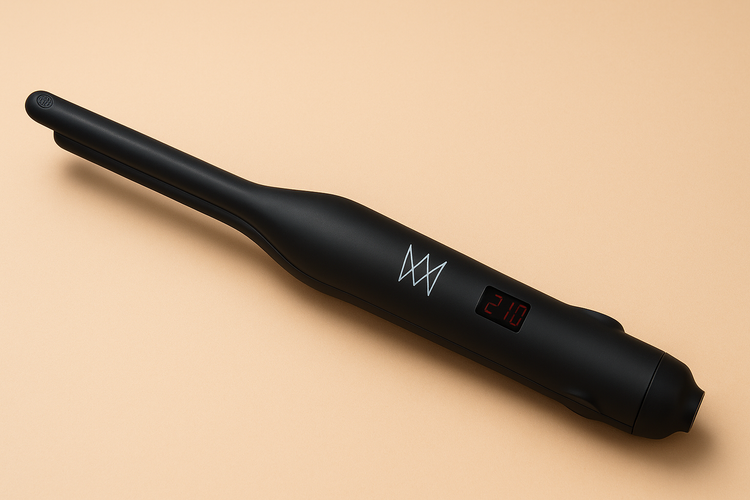 Black hair straightener with brand logo on a beige background